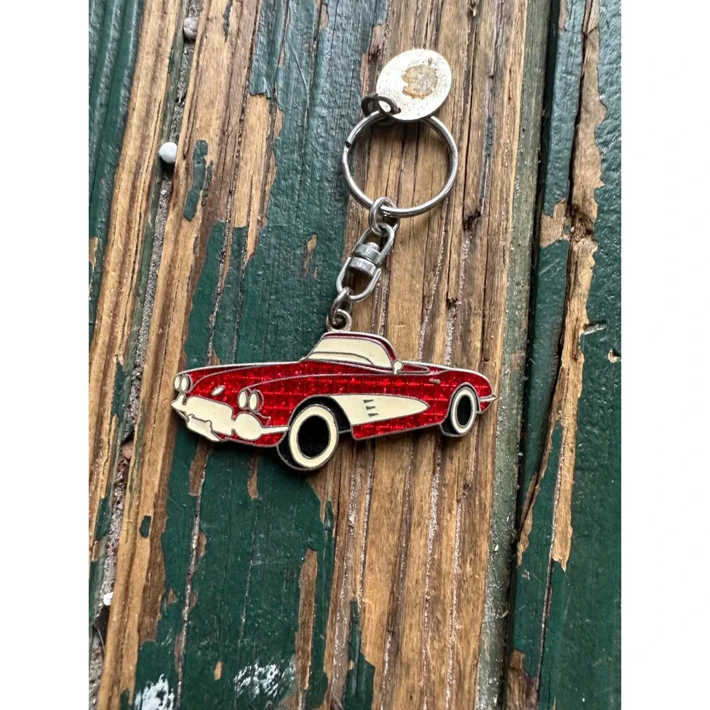 Vintage Red Glitter Enamel 1958 Corvette Car Keychain Retro Classic Auto Gift